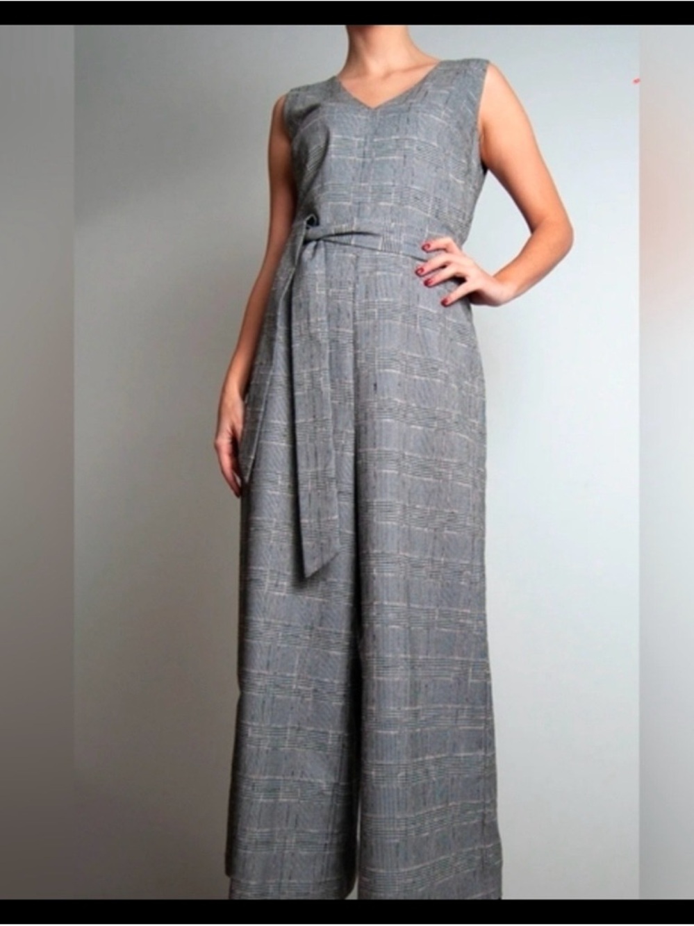 Karl Lagerfeld Gray Plaid Houndstooth Sleeveless Wide-Leg Jumpsuit with Tie Belt